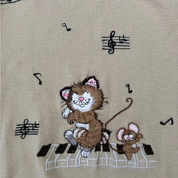 Lilly of California Vintage Sweater Cat and Mouse Piano Muisc Notes Size M Beige - Picture 2 of 4